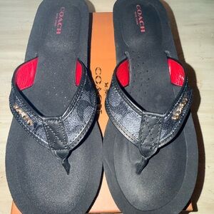 Coach Black Flip Flop Sandals with Red Lining and Gold Logo Detail